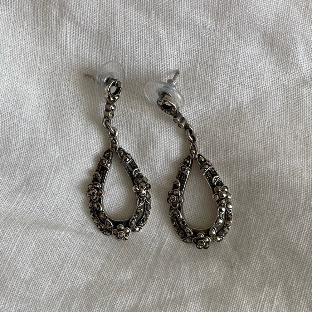 Vintage 1980s Sterling Silver and Marcasite Teardrop Earrings